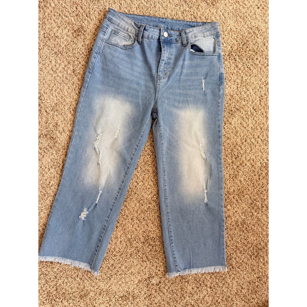 Womens wide leg cropped raw hem denim jeans euc unbranded L